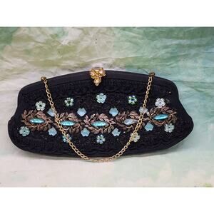 1950s Vintage Beaded Evening Clutch Bag by Caron of Houston Jeweled Black